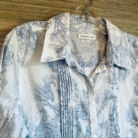 COLDWATER CREEK Blue & White Casual Blouse, Pin-tucks, Button-Down, M - Picture 7 of 15